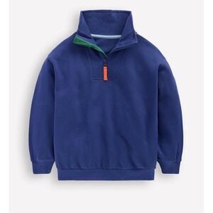 Boden Boys Navy Blue Quarter Zip Sweatshirt Pullover Green Orange Trim NEW